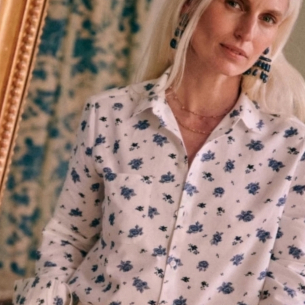 Sezane Cream Floral Button-Front Top with Blue Print - Picture 2 of 6